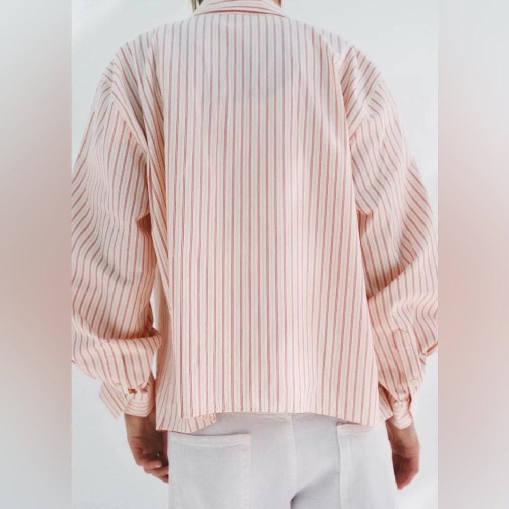 Zara Pink & Red Striped Cotton Button-Up Blouse | L | Shorter in Back | NWT - Picture 4 of 11